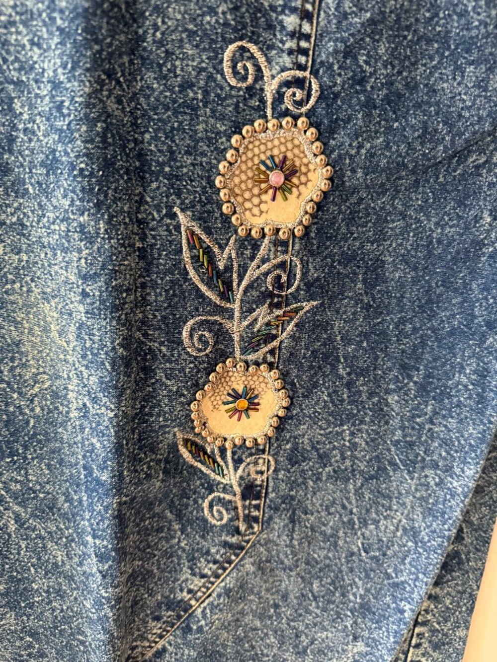 Vintage 80s Acid Wash Embroidered Floral Front Denim Midi Skirt | Small - Picture 2 of 16